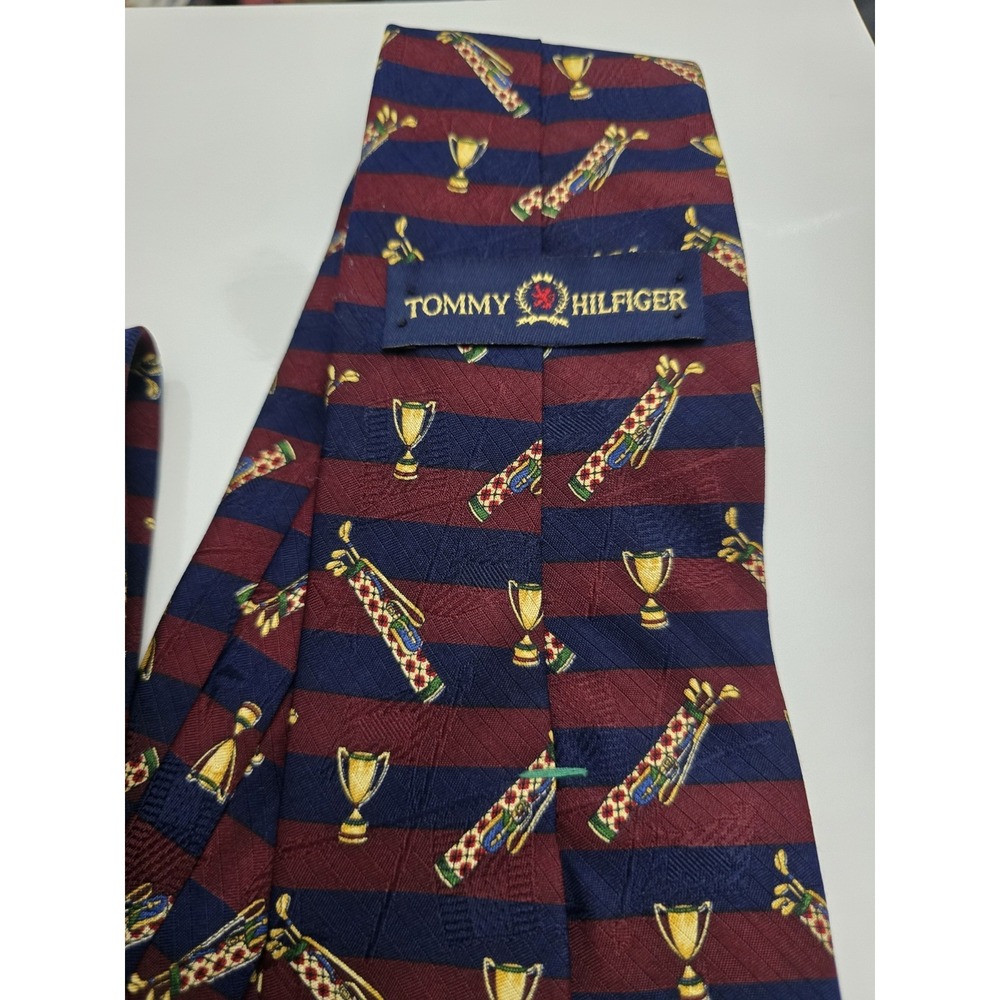 Tommy Hilfiger Mens Silk Tie Burgundy Navy Blue Striped Golf Bag Trophy USA Made - Picture 5 of 8